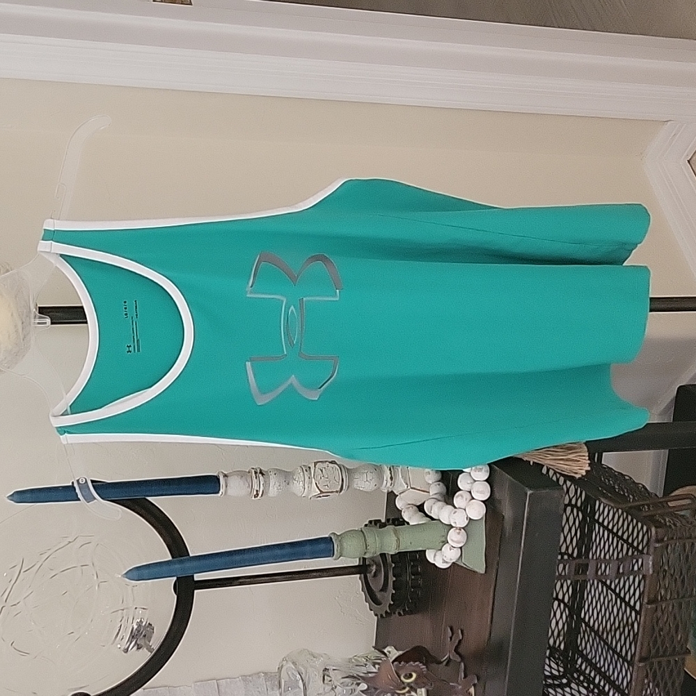 Under Armour retro racerback top, LG. Green with purple front logo.